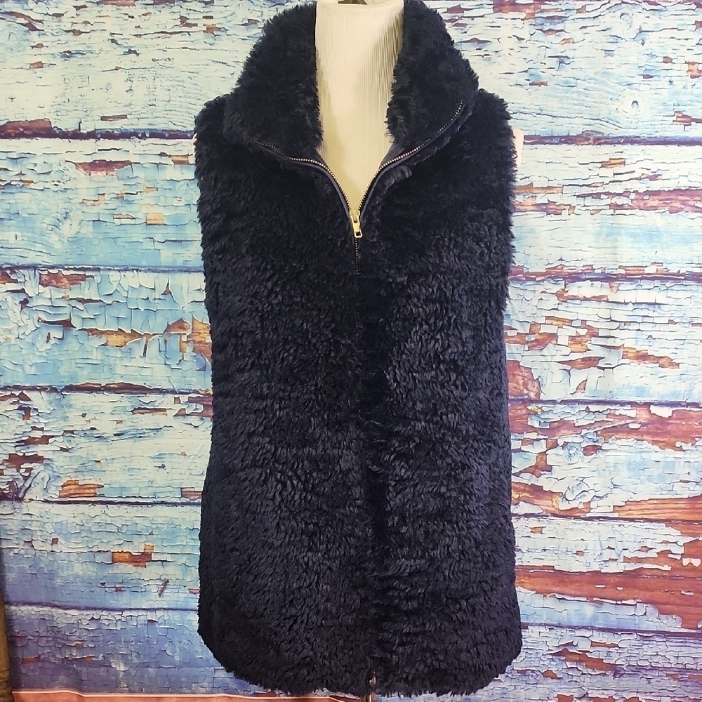 Talbots Blue Plush Vest High Collar